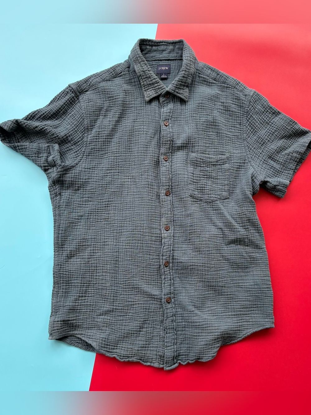 J.Crew Men’s L Gray Cotton Gauze Short Sleeve Button Down Shirt Textured